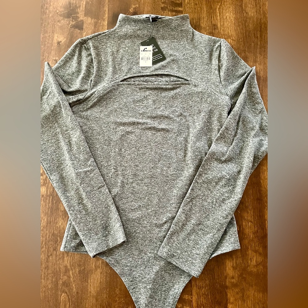 Express Contour Cutout Mock Neck Bodysuit, Grey, Sz S